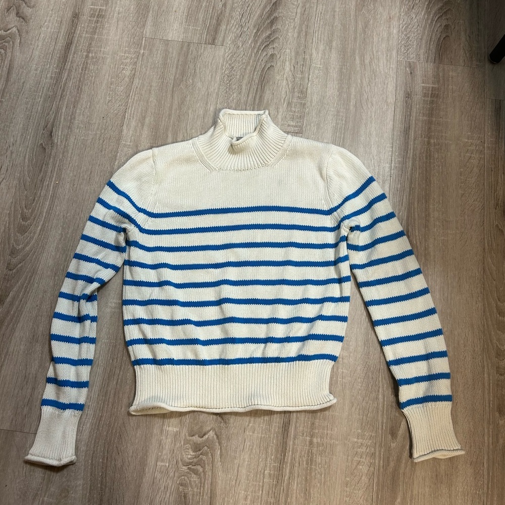 J. Crew Striped Rollneck Turtleneck Neck Sweater White & Blue Striped Sz Small - Picture 3 of 3